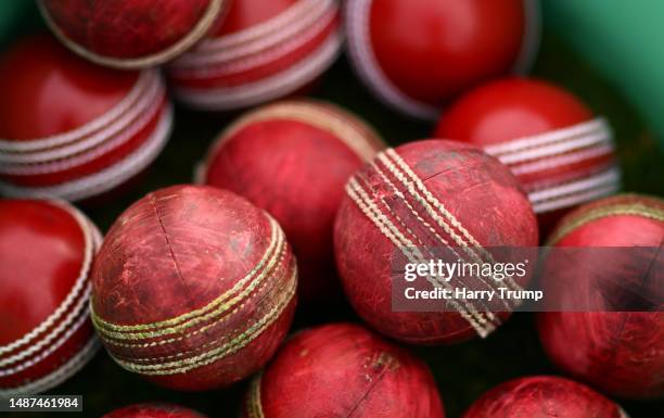 Detailed view of cricket balls during Day One of the LV= Insurance County Championship Division 1 match between Somerset and Northamptonshire at The...