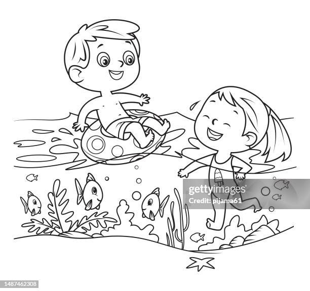 ilustraciones, imágenes clip art, dibujos animados e iconos de stock de niños buceando en el mar - colorear