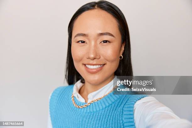 portrait, employee and asian woman with happiness, selfie and confident entrepreneur with startup. mockup, female consultant or worker with a smile, social media or website launch for online profile - facebook profile photo stock pictures, royalty-free photos & images
