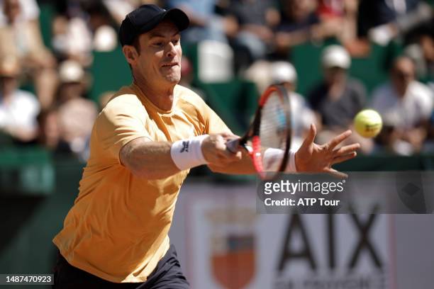 Andy Murray of Great Britain in action against Gael Monfils on Court Credit Agricole during the Open Aix Provence Credit Agricole on May 3, 2023 in...