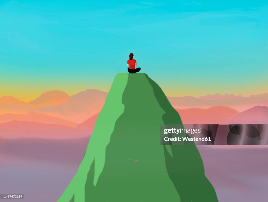 Illustration of woman meditating on mountain peak