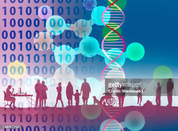 illustration of diverse people superimposed with scientific elements - technology stock illustrations
