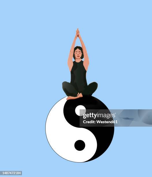 illustration of woman practicing yoga sitting on yin yang symbol - topics stock illustrations