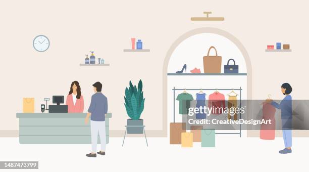 fashion boutique interior with hanging clothes, shoes, bags and beauty products. young woman choosing dress, female cashier working at checkout and male customer buying clothes. - clothing store stock illustrations