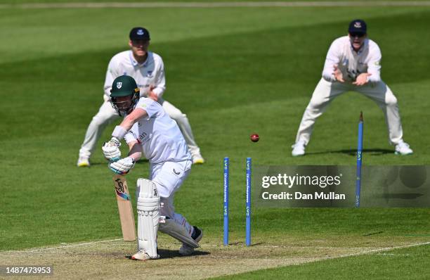 Jake Libby of Worcestershire is bowled by Ollie Robinson of Sussex during the LV= Insurance County Championship Division 2 match between...