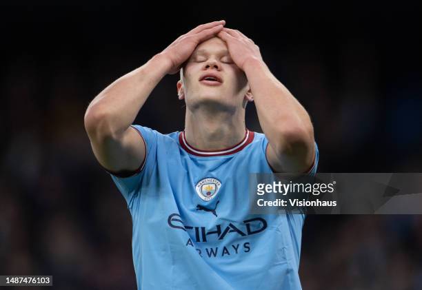 Erling Haaland of Manchester City holds his head in despair after a missed chance during the Premier League match between Manchester City and West...
