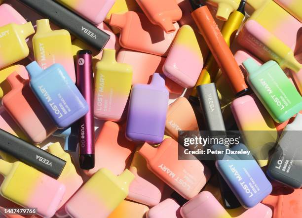 Single-use Disgarded Vapes in a Lidl, Recycling Bin on May 4,2023 in London, England.