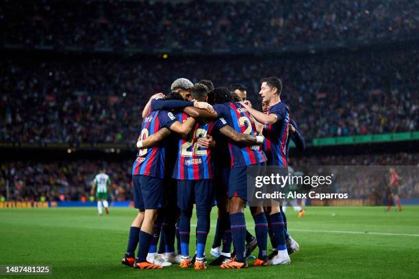 Andreas Christensen of FC Barcelona celebrates with teammates after scoring their team's first goal during the LaLiga Santander match between FC...