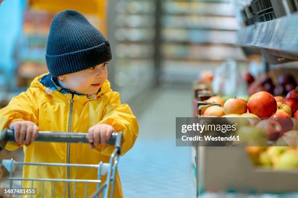 boy looking at apples holding shopping cart at store - shopping cart stock-fotos und bilder