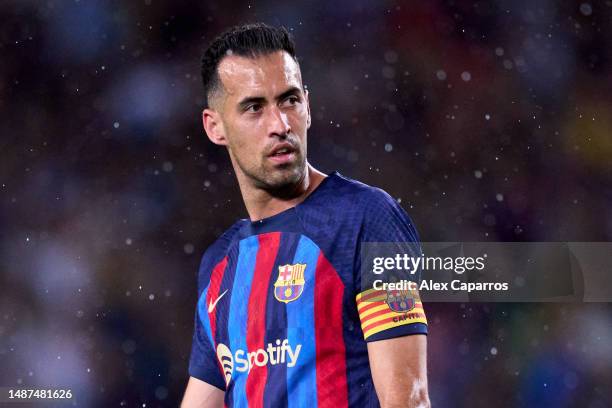 Sergio Busquets of FC Barcelona looks on during the LaLiga Santander match between FC Barcelona and Real Betis at Spotify Camp Nou on April 29, 2023...