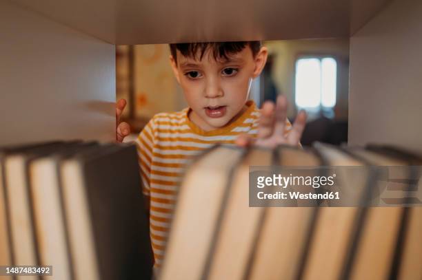 boy searching books in shelf at home - literature search stock pictures, royalty-free photos & images
