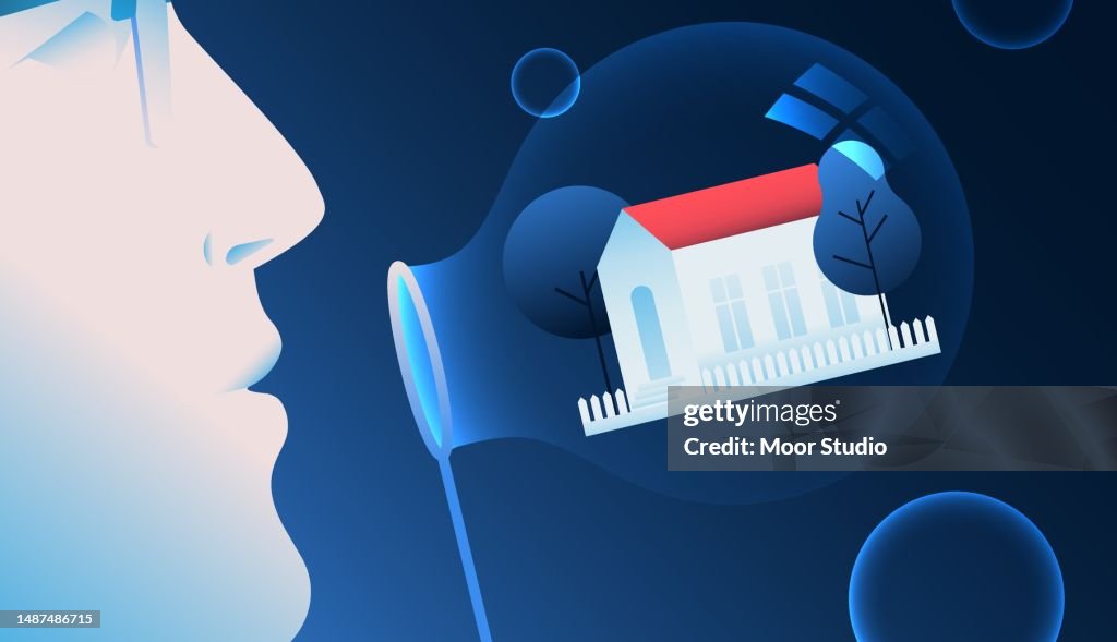 Man blowing a bubble with tiny house inside vector illustration