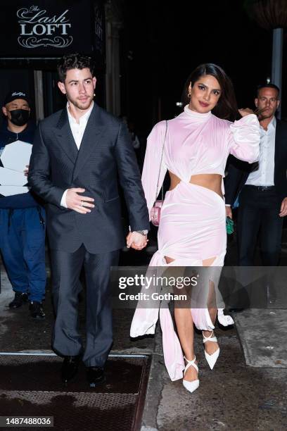 Nick Jonas and Priyanka Chopra are seen arriving at Sona Restaurant in the Flatiron District on May 03, 2023 in New York City.