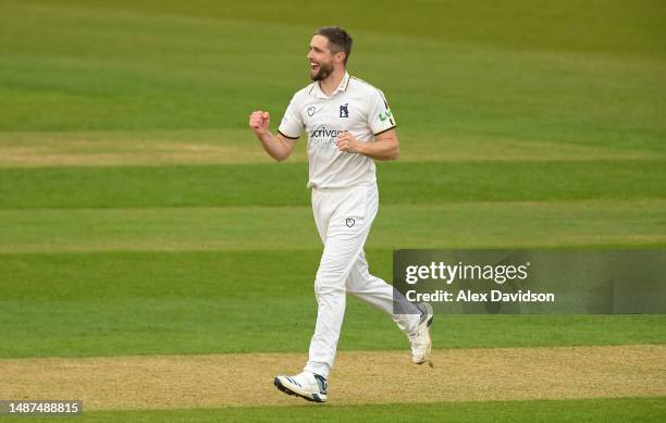 Chris Woakes of Warwickshire celebrates taking the wicket of Nick Gubbins of Hampshire during Day One of the LV= Insurance County Championship...