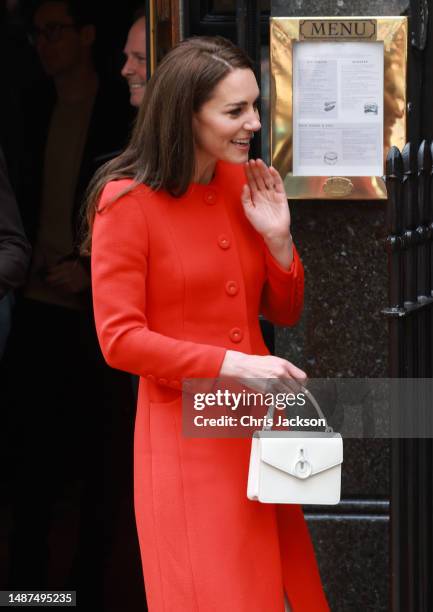 Catherine, Princess of Wales smiles after a visit to the Dog & Duck Pub during ther visit to Soho on May 04, 2023 in London, England.