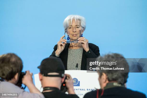 Christine Lagarde, President of the European Central Bank, speaks to the media following a meeting of the ECB advisory board on May 04, 2023 in...