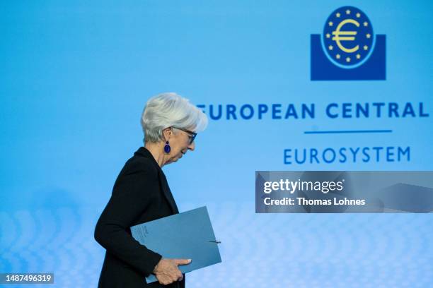 Christine Lagarde, President of the European Central Bank, speaks to the media following a meeting of the ECB advisory board on May 04, 2023 in...