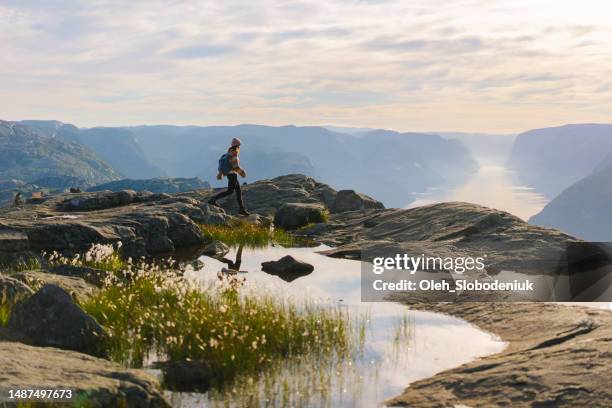 woman hiking in mountains on the background of lysefjorden - naturens skönhet bildbanksfoton och bilder