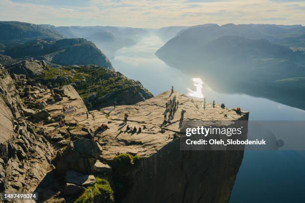 scenic view of preikestolen above lysefjorden - preikestolen norway stock pictures, royalty-free photos & images