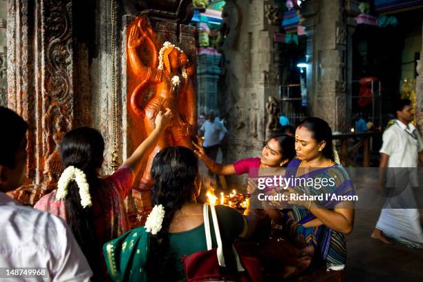 devotees making offerings at shrine in sri meenakshi temple. - sri meenakshi hindu temple stock pictures, royalty-free photos & images