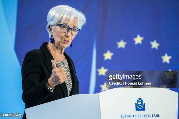 Christine Lagarde, President of the European Central Bank, speaks to the media following a meeting of the ECB advisory board on May 04, 2023 in...