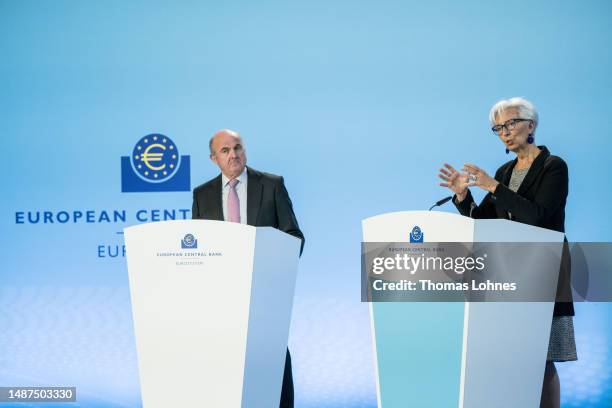 The Vice-President of the European Central Bank , Luis de Guindos and Christine Lagarde, President of the European Central Bank, speak to the media...