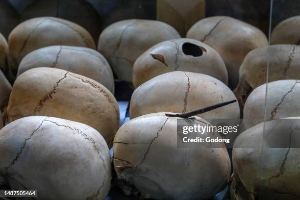 Skulls of victims exhibited in Ntarama Genocide Memorial Centre, Ntarama, Bugesera, Rwanda.