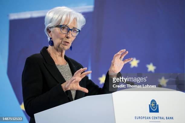 Christine Lagarde, President of the European Central Bank, speaks to the media following a meeting of the ECB advisory board on May 04, 2023 in...