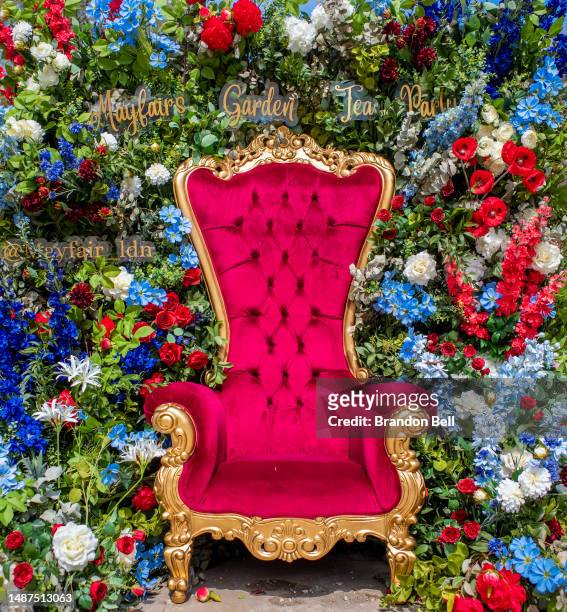 Decorated throne is seen during a garden tea party at Grosvenor Square on May 04, 2023 in London, England. The Coronation of King Charles III and The...