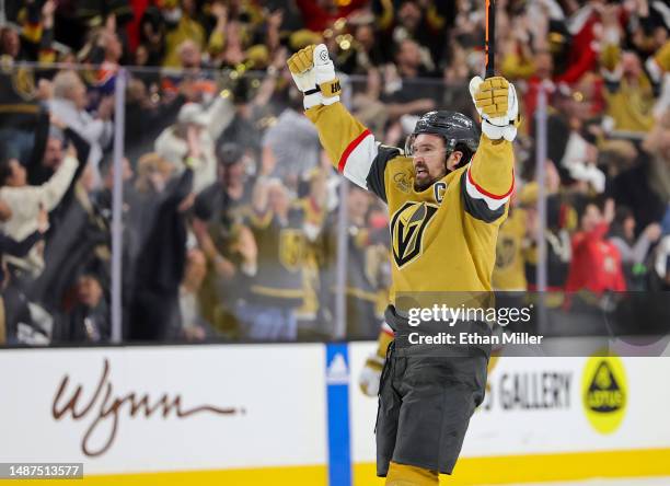 Mark Stone of the Vegas Golden Knights celebrates an empty-net power-play goal by Jack Eichel against the Edmonton Oilers in the third period of Game...