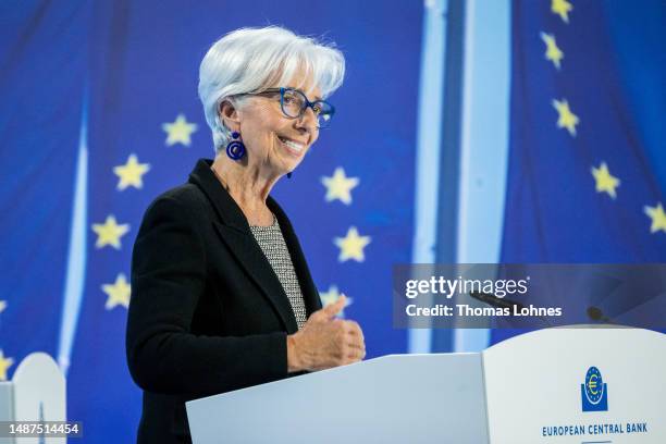 Christine Lagarde, President of the European Central Bank, leaves a press conference following a meeting of the ECB advisory board on May 04, 2023 in...