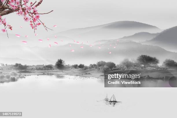 synthesis of ink and wash landscape - 桃の花 ストックフォトと画像