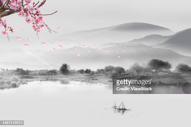 synthesis of ink and wash landscape - peach blossom stock pictures, royalty-free photos & images