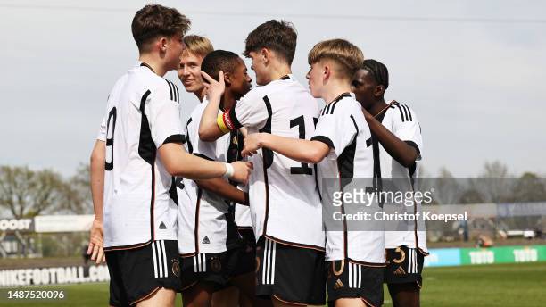 Wisdom Mike of Germany celebrates the second goal with his team mates during the international friendly match between U15 Netherlands and U15 Germany...