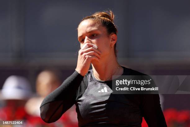 Maria Sakkari of Greece reacts against Aryna Sabalenka during the Women's Singles Semi-Final match on Day Eleven of the Mutua Madrid Open at La Caja...
