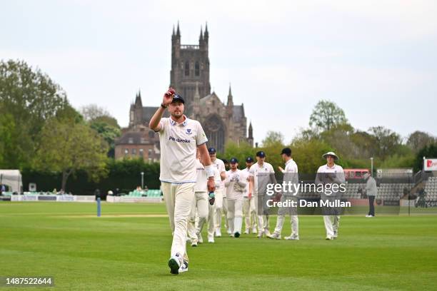 Ollie Robinson of Sussex leaves the field after taking 7 wickets during the LV= Insurance County Championship Division 2 match between Worcestershire...