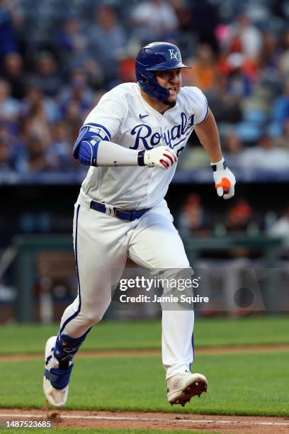 Vinnie Pasquantino of the Kansas City Royals sprints toward first base during the game against the Baltimore Orioles at Kauffman Stadium on May 03,...