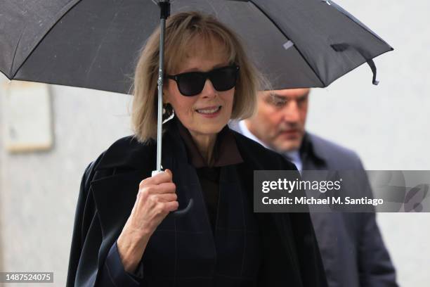 Magazine Columnist E. Jean Carroll arrives for her civil trial against former U.S. President Donald Trump at Manhattan Federal Court on May 04, 2023...