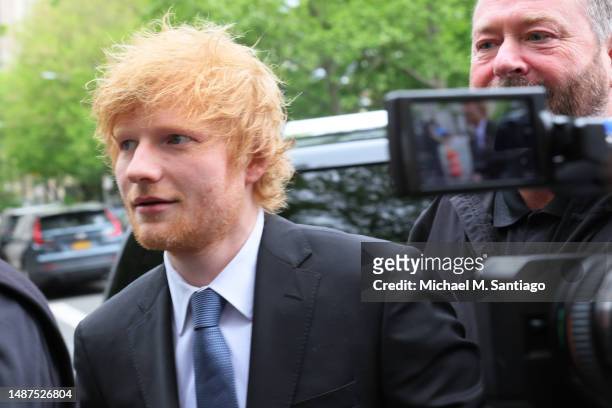 Musician Ed Sheeran arrives for his copyright infringement trial at Manhattan Federal Court on May 04, 2023 in New York City. Sheeran is being sued...