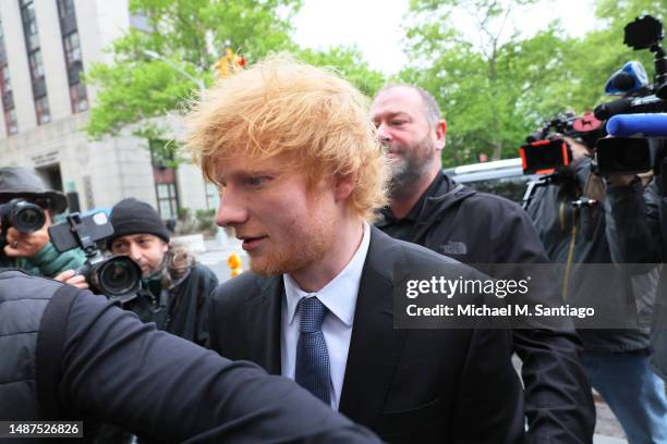 Musician Ed Sheeran arrives for his copyright infringement trial at Manhattan Federal Court on May 04, 2023 in New York City. Sheeran is being sued...