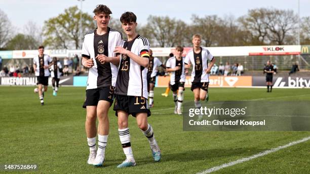 Christian Prenaj of Germany celebrates the third goal with Alexander Staff of Germany during the international friendly match between U15 Netherlands...