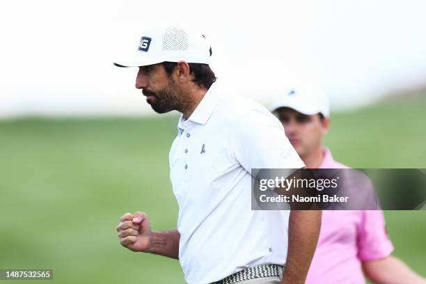 Matthieu Pavon of France celebrates after putting on the 18th green during Day One of the DS Automobiles Italian Open at Marco Simone Golf Club on...