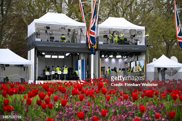 Media positions are seen outside Buckingham Palace, on May 04, 2023 in London, England. The Coronation of King Charles III and The Queen Consort will...