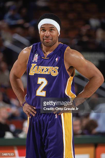 Point guard Derek Fisher of the Los Angeles Lakers smiles during the NBA game against the Seattle SuperSonics at Key Arena in Seattle, Washington....