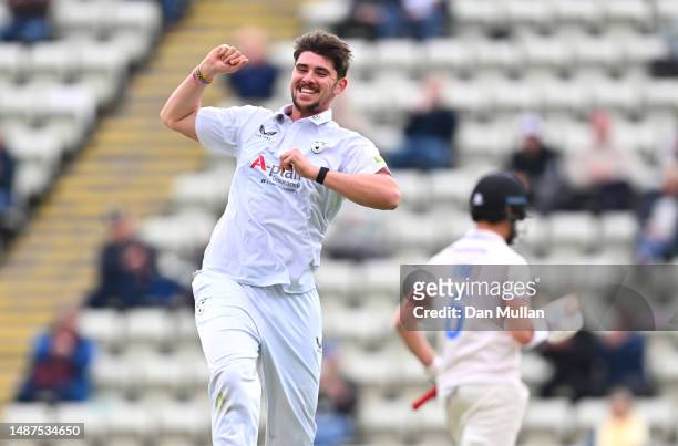 Josh Tongue of Worcestershire celebrates taking the wicket of Tom Clark of Sussex during the LV= Insurance County Championship Division 2 match...