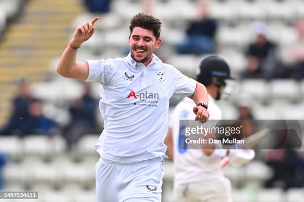 Josh Tongue of Worcestershire celebrates taking the wicket of Tom Clark of Sussex during the LV= Insurance County Championship Division 2 match...