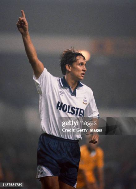 Spurs striker Gary Lineker celebrates after scoring from the penalty spot during a 5-1 League Cup win over Swansea City at White Hart Lane on October...