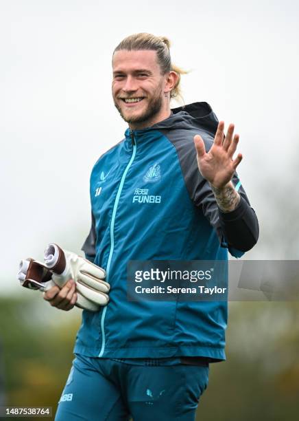 Goalkeeper Loris Karius smiles and waves during the Newcastle United Training Session at the Newcastle United Training Centre on May 04, 2023 in...