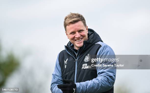 Newcastle United Head Coach Eddie Howe smiles during the Newcastle United Training Session at the Newcastle United Training Centre on May 04, 2023 in...