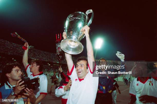 Milan player Dejan Savicevic holds aloft the trophy after the 1994 UEFA European Cup Final victory against Barcelona on May 18th, 1994 in Athens,...